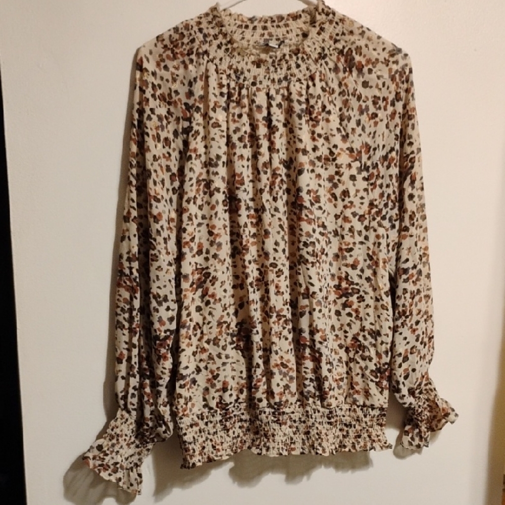 Tan and Brown Ruffled Long Sleeve Blouse
